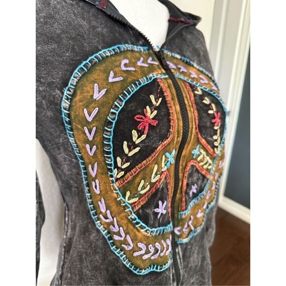 Embroidered Peace Sign Full Zip Hooded Long Sleeve Shirt Medium - Picture 1 of 5